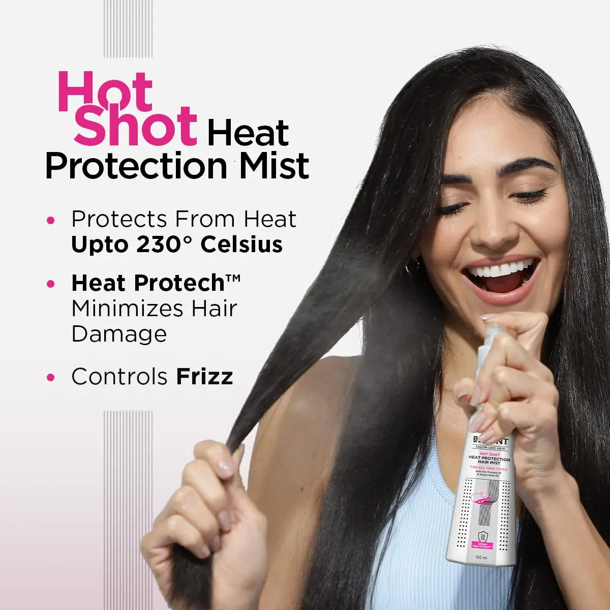 BBLUNT Hot Shot Heat Protect Hair Mist shields hair from heat up to 230°C, reduces frizz, and leaves hair smooth and shiny thanks to Vitamin B5 and nourishing oils.