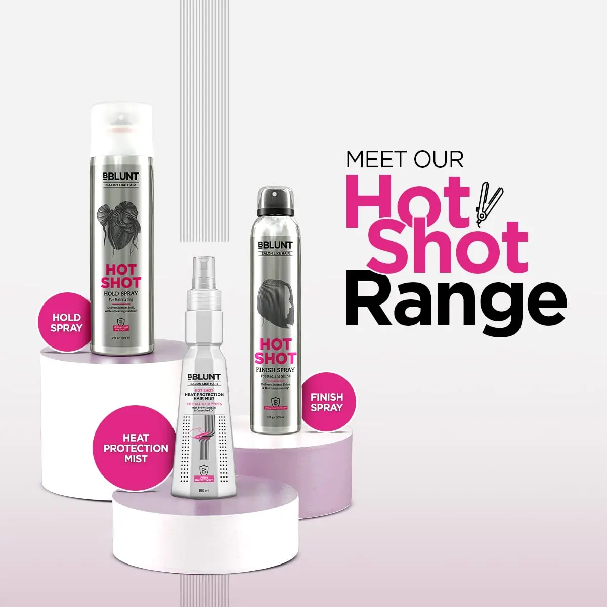 BBLUNT Hot Shot Heat Protect Hair Mist shields hair from heat up to 230°C, reduces frizz, and leaves hair smooth and shiny thanks to Vitamin B5 and nourishing oils.