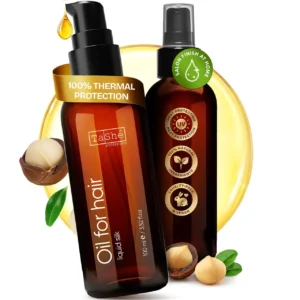 TASHE Professional heat protection hair oil with macadamia and avocado oils to shield hair from heat damage up to 450°F, add shine, and control frizz on all hair types.