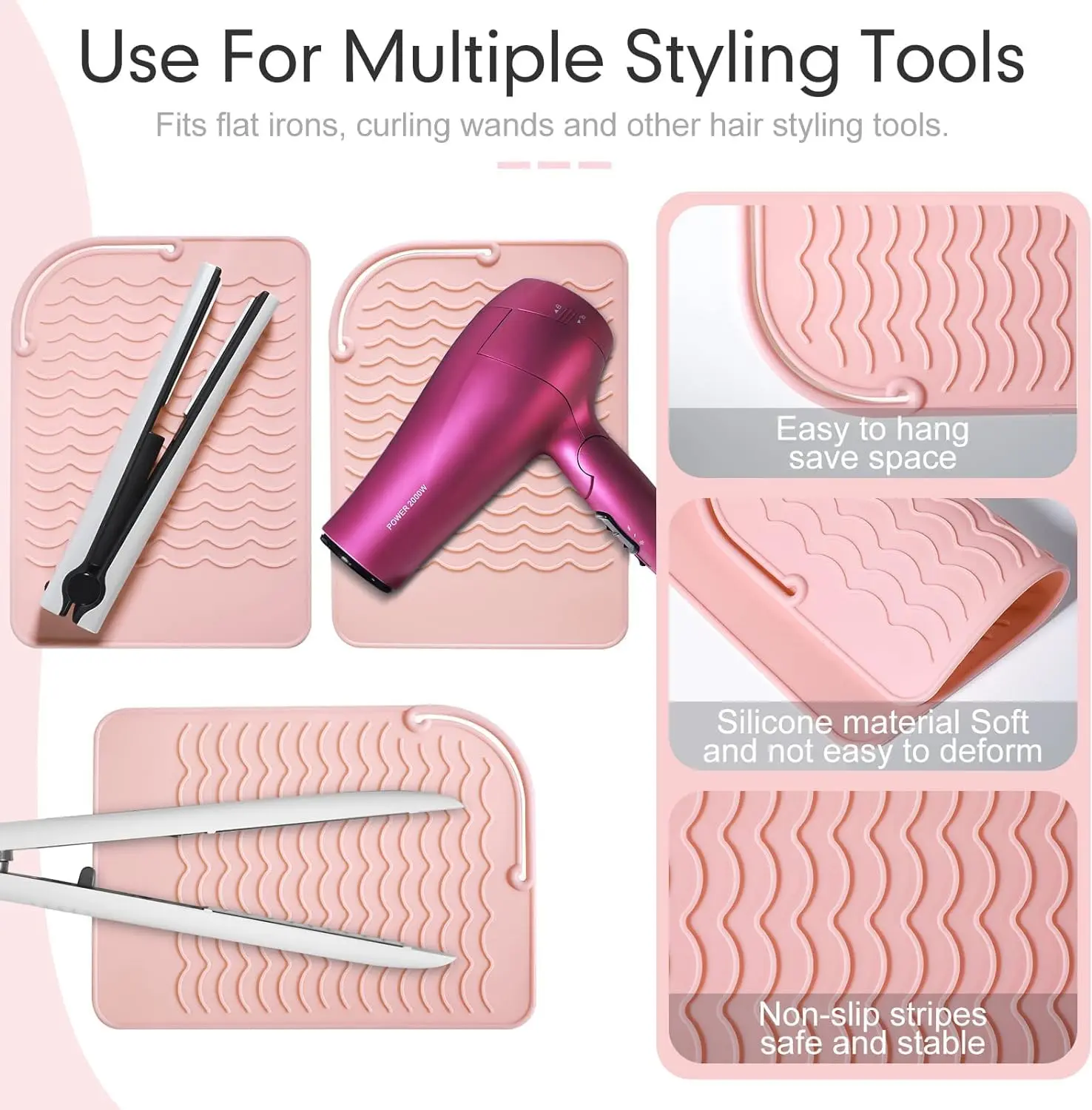 Pink silicone heat resistant mat safely holds hot curling iron and hair straightener, protecting surfaces from heat damage with its non-slip wave design and convenient hanging strap.
