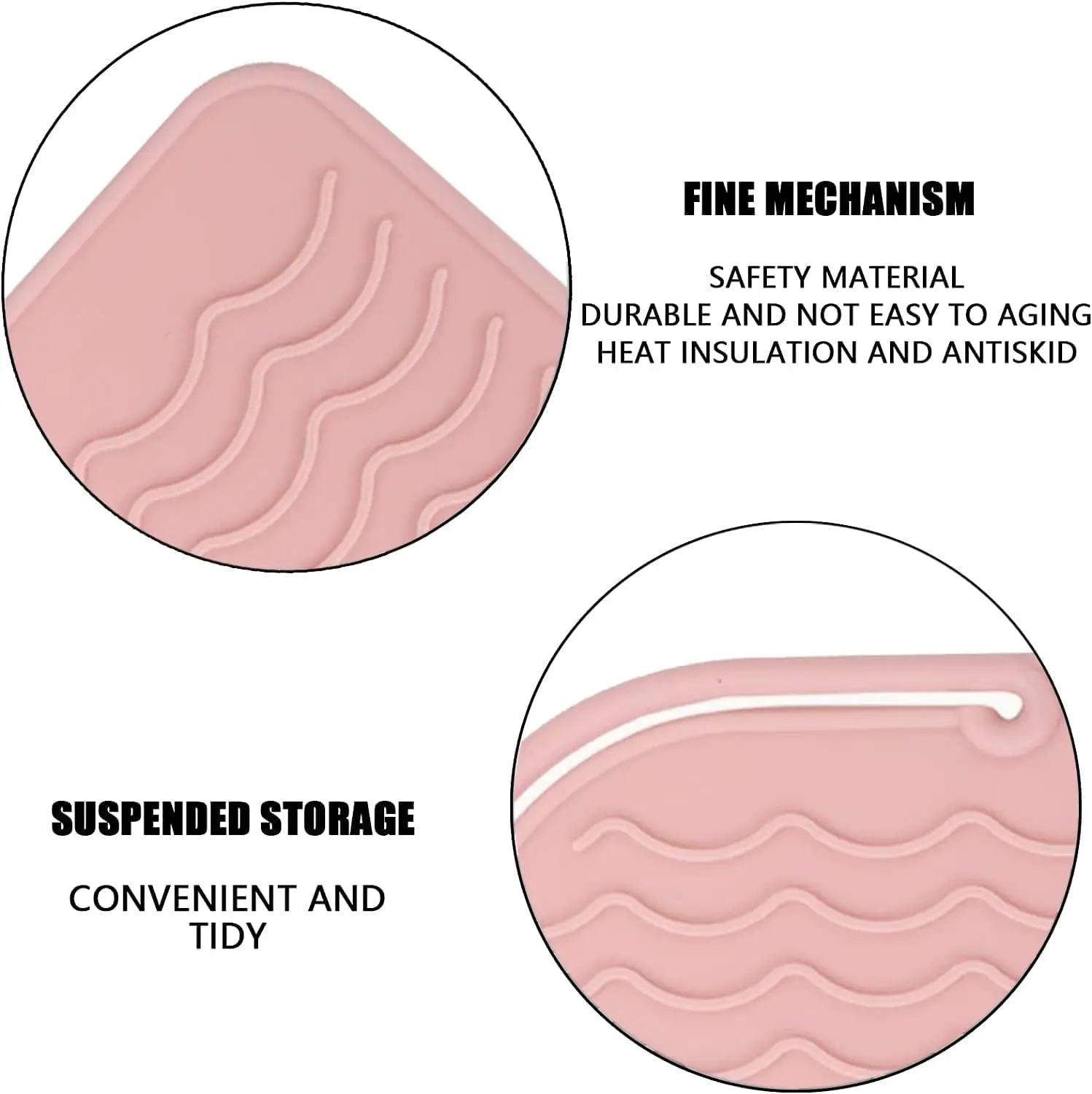 Pink silicone heat resistant mat safely holds hot curling iron and hair straightener, protecting surfaces from heat damage with its non-slip wave design and convenient hanging strap.