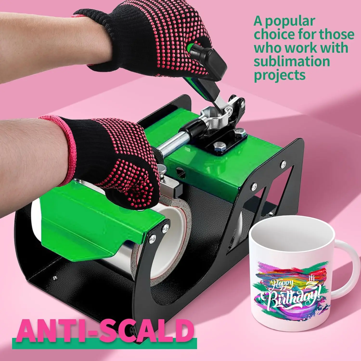 Two heat resistant gloves with silicone bumps protect hands from hot styling tools like curling irons and flat irons.