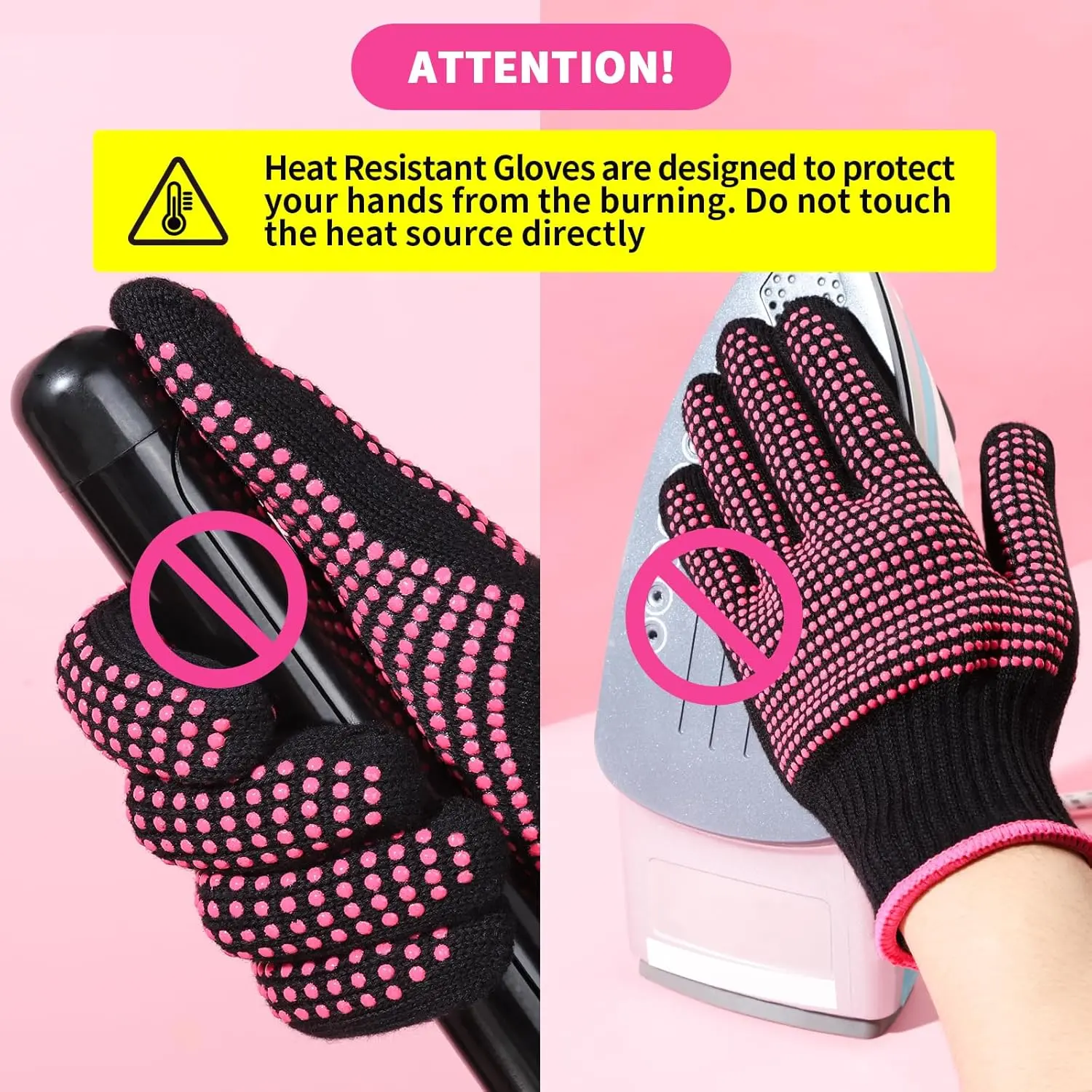 Two heat resistant gloves with silicone bumps protect hands from hot styling tools like curling irons and flat irons.