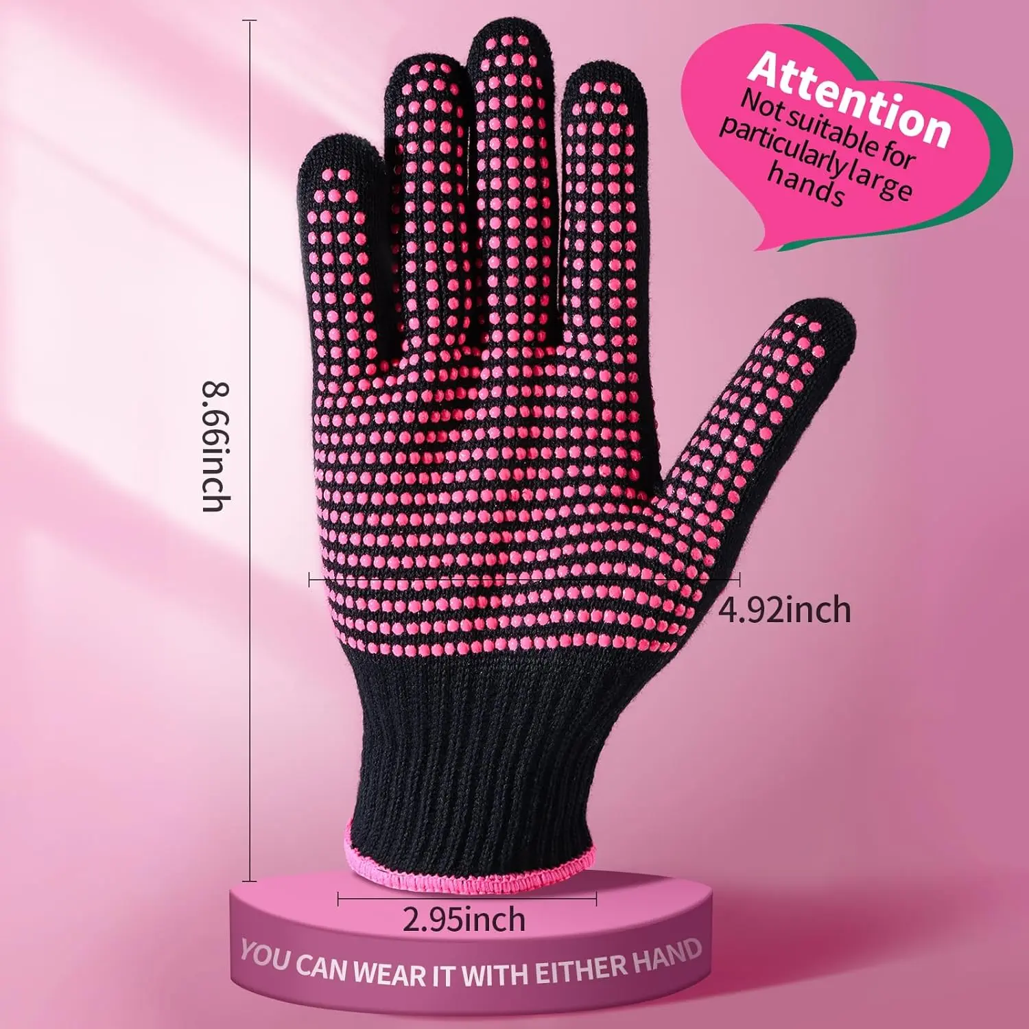Two heat resistant gloves with silicone bumps protect hands from hot styling tools like curling irons and flat irons.