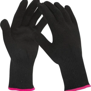 Two black heat resistant hair styling gloves protect hands from hot tools up to 212℉ while curling or straightening hair.
