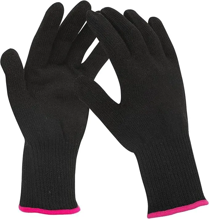 Two black heat resistant hair styling gloves protect hands from hot tools up to 212℉ while curling or straightening hair.