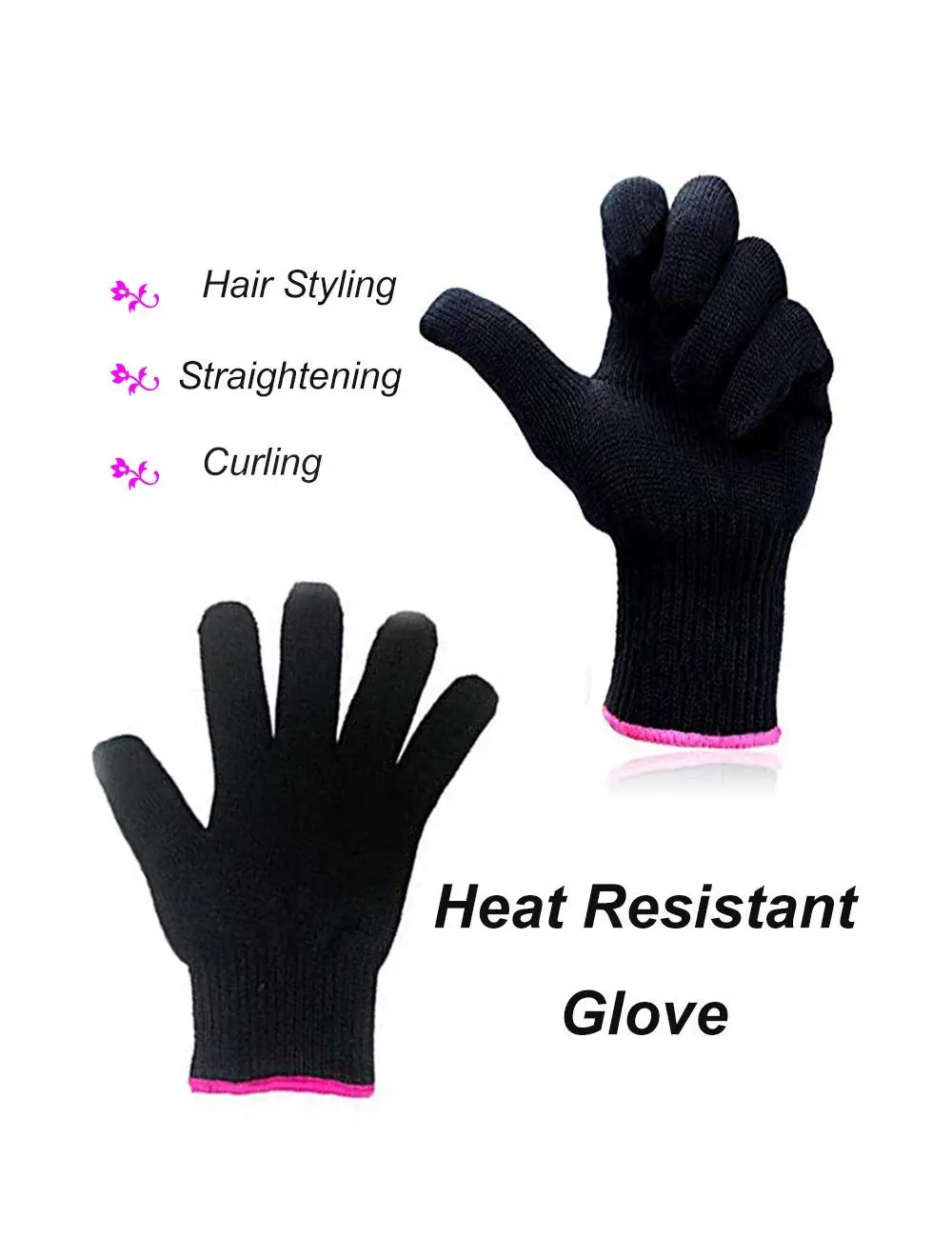 Two black heat resistant hair styling gloves protect hands from hot tools up to 212℉ while curling or straightening hair.