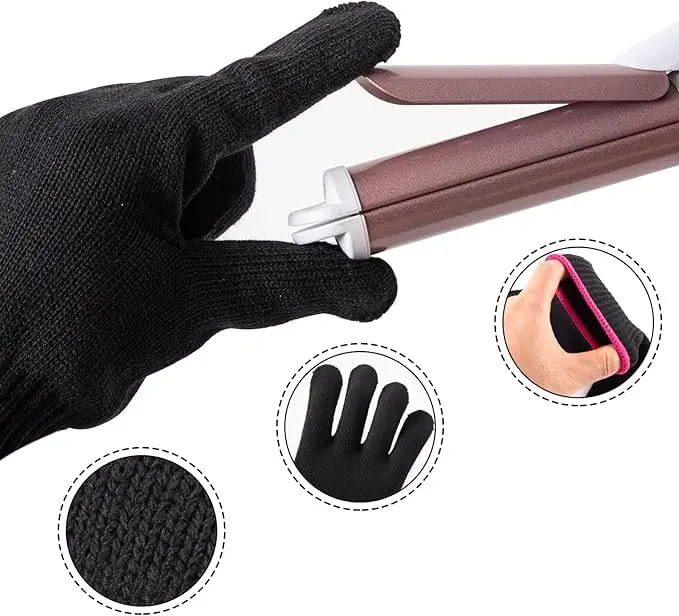 Two black heat resistant hair styling gloves protect hands from hot tools up to 212℉ while curling or straightening hair.