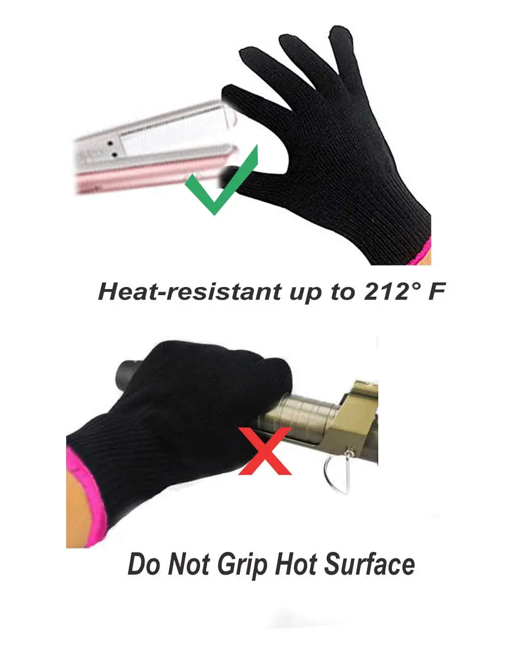Two black heat resistant hair styling gloves protect hands from hot tools up to 212℉ while curling or straightening hair.