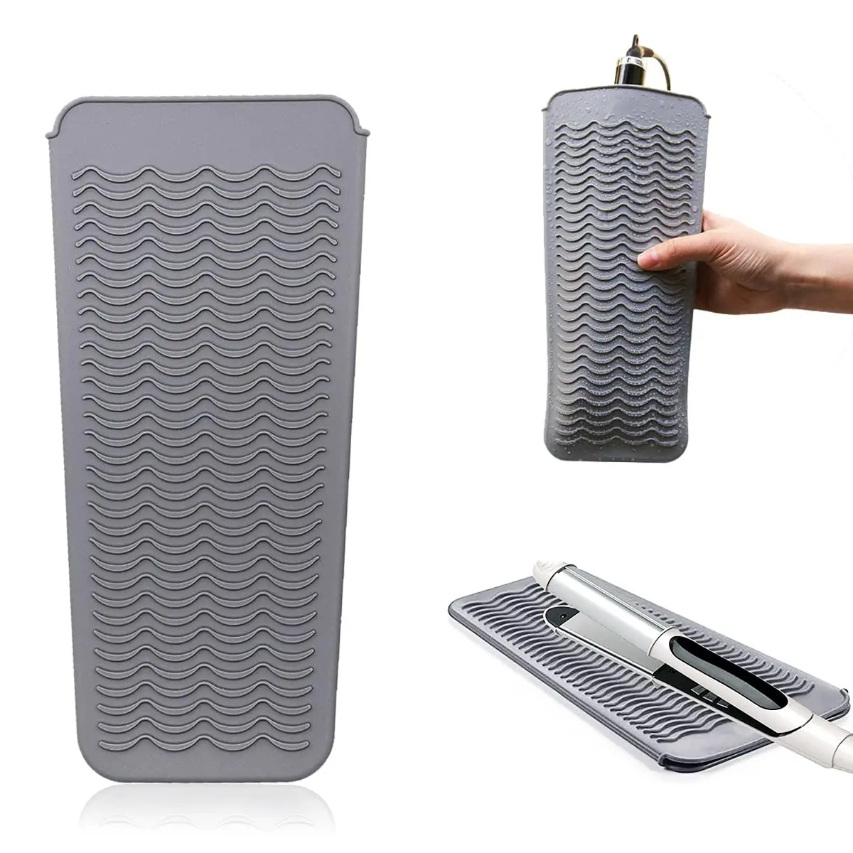 Heat resistant silicone mat pouch protects surfaces from hot curling irons and flat irons, doubles as a travel storage bag, and has an anti-slip surface.