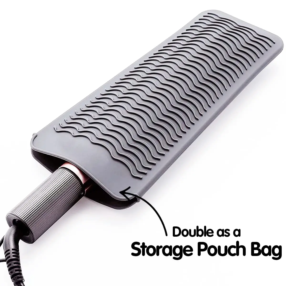 Heat resistant silicone mat pouch protects surfaces from hot curling irons and flat irons, doubles as a travel storage bag, and has an anti-slip surface.