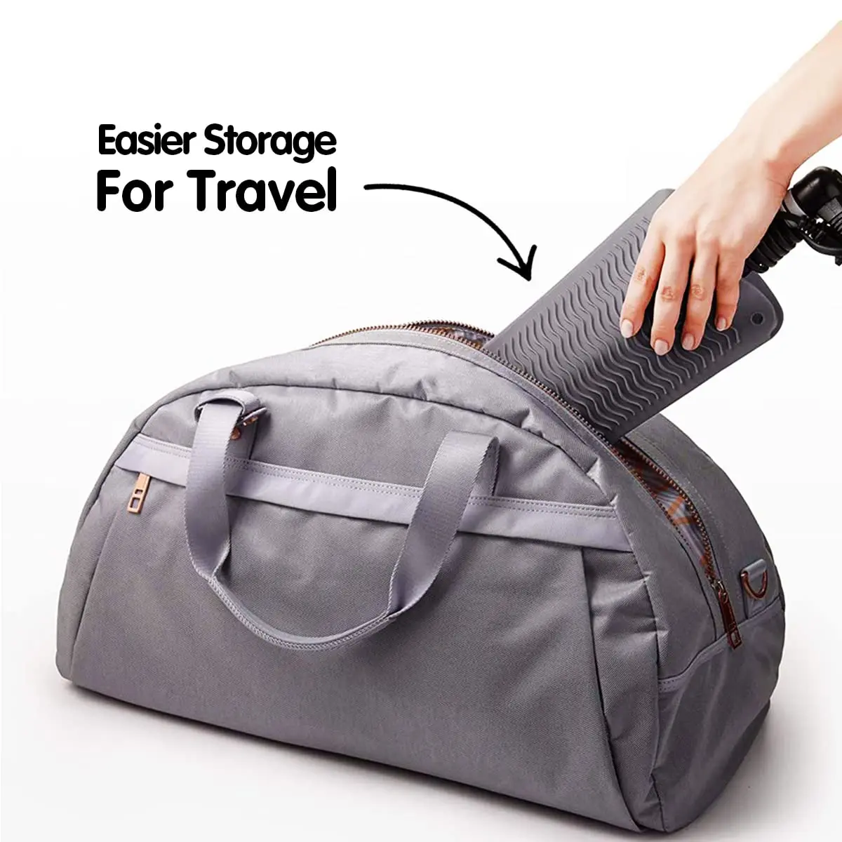 Heat resistant silicone mat pouch protects surfaces from hot curling irons and flat irons, doubles as a travel storage bag, and has an anti-slip surface.