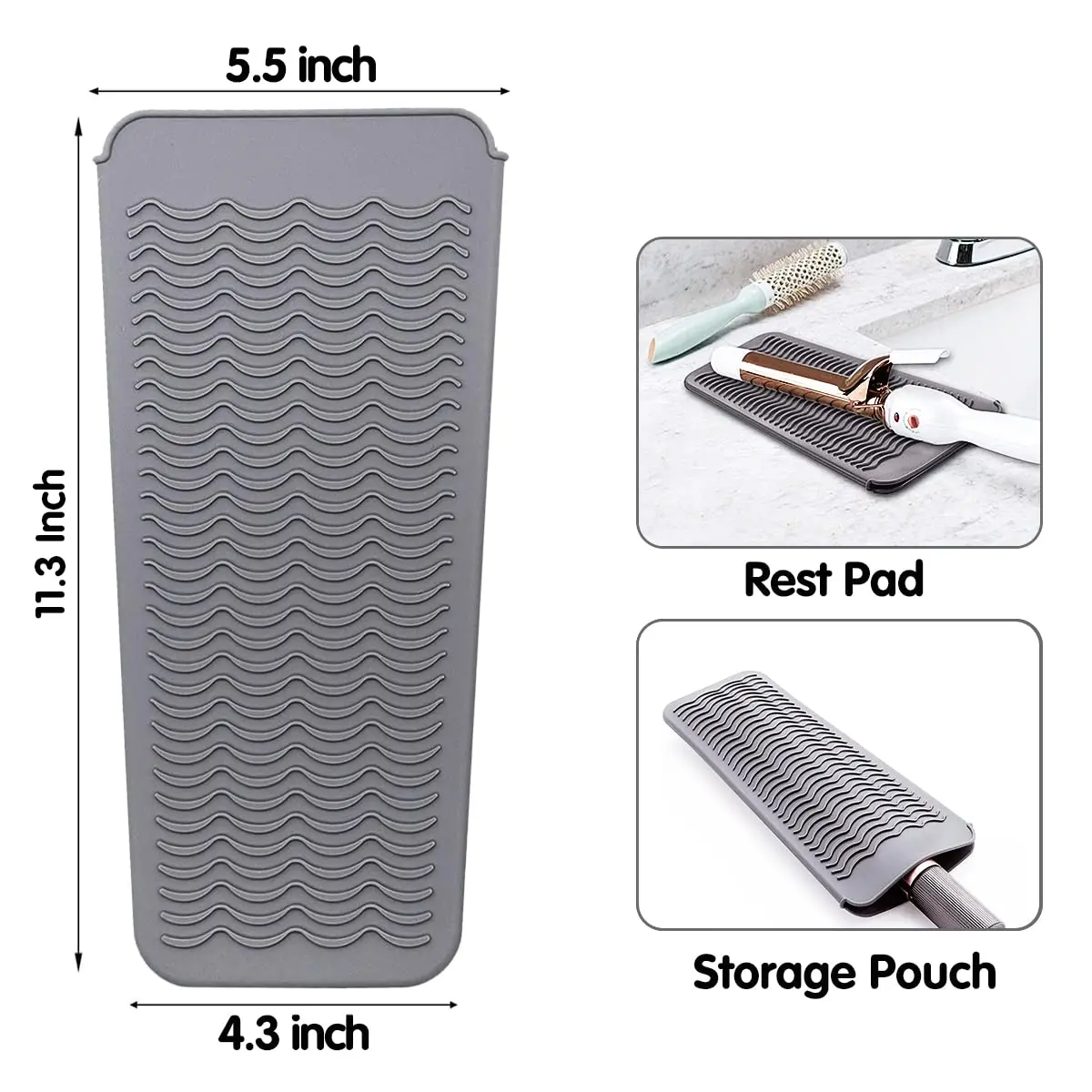 Heat resistant silicone mat pouch protects surfaces from hot curling irons and flat irons, doubles as a travel storage bag, and has an anti-slip surface.