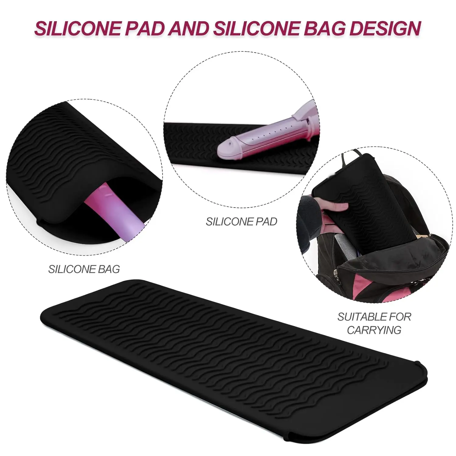 Two black silicone heat resistant mat pouches are displayed, designed for storing hot hair styling tools like flat irons and curling irons, protecting surfaces from heat damage.