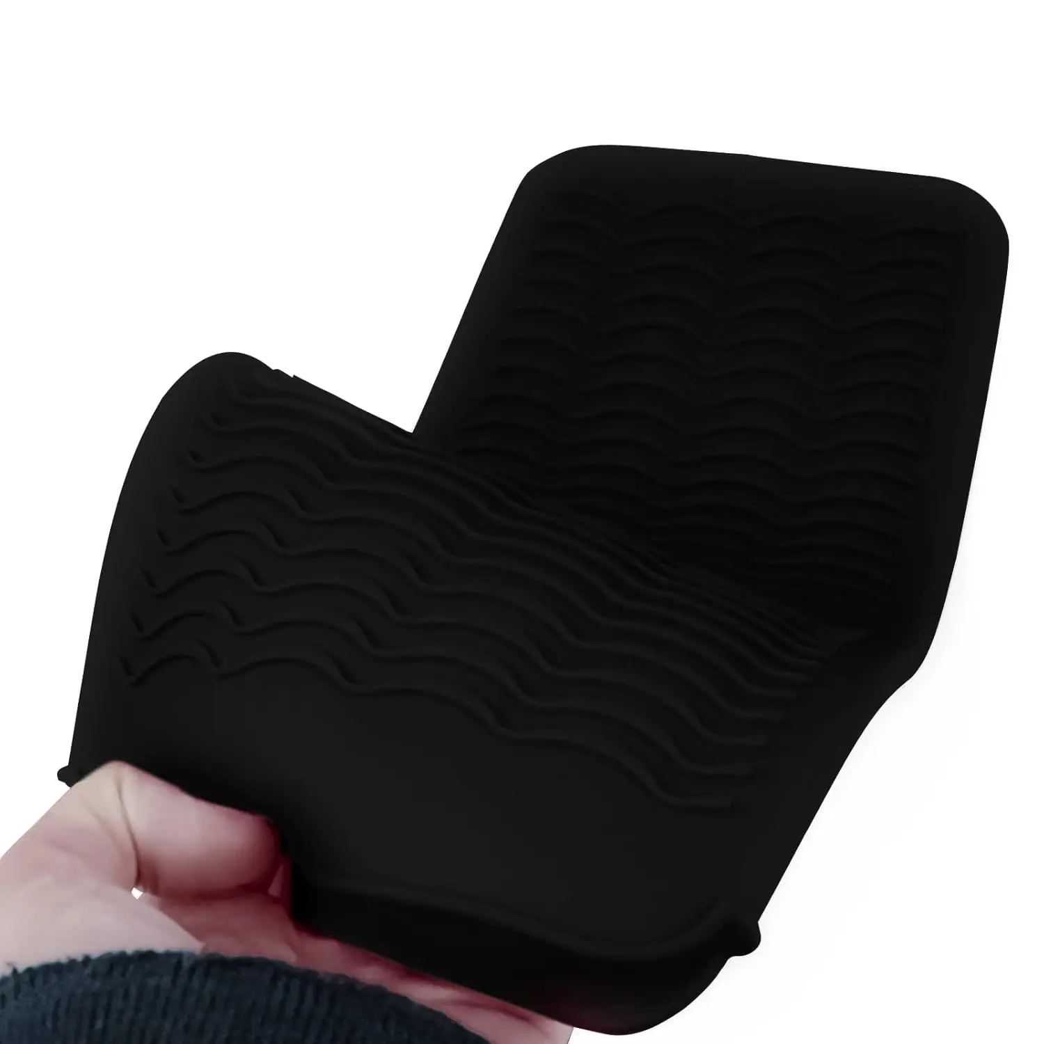 Two black silicone heat resistant mat pouches are displayed, designed for storing hot hair styling tools like flat irons and curling irons, protecting surfaces from heat damage.