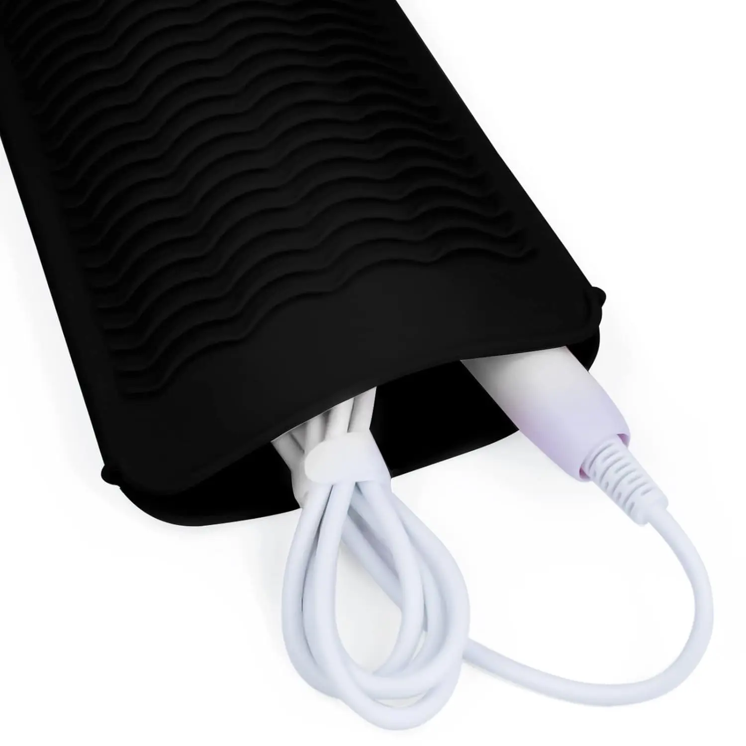 Two black silicone heat resistant mat pouches are displayed, designed for storing hot hair styling tools like flat irons and curling irons, protecting surfaces from heat damage.