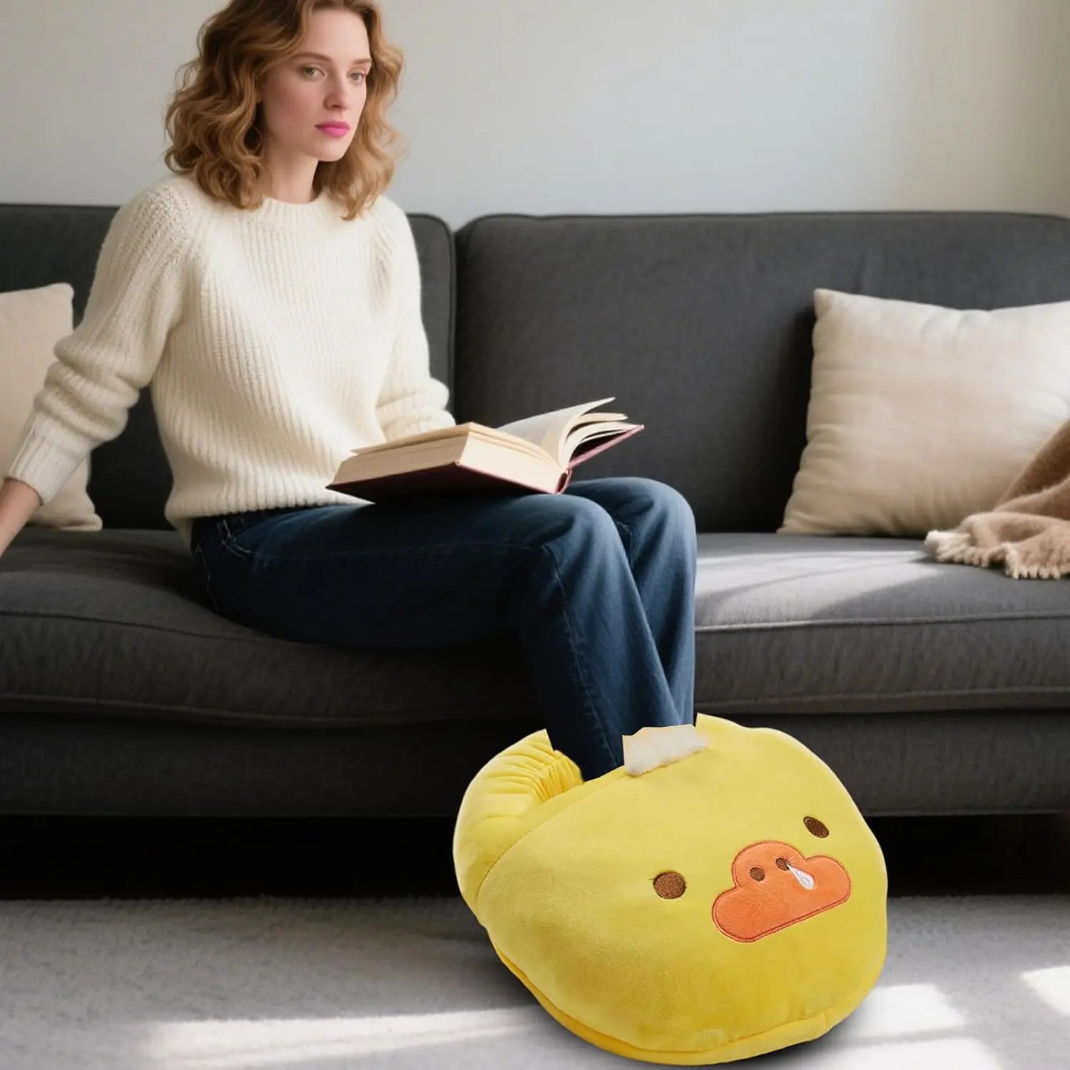 Electric heated foot warmer designed for under desk use, providing cozy and safe warmth for home or office, featuring a removable washable liner.