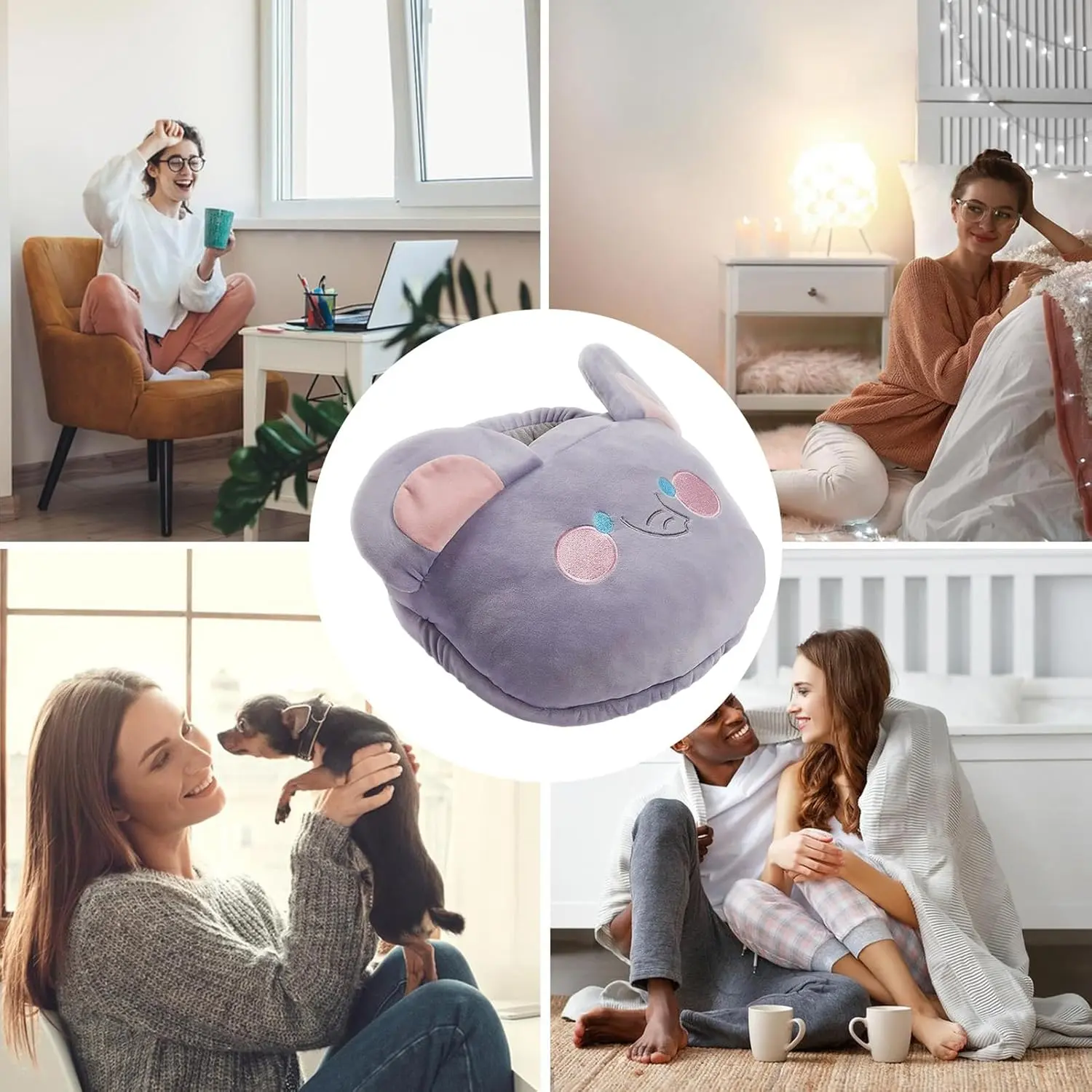 This electric heated foot warmer uses a USB plug for under desk use, providing consistent and safe warmth in a cozy cartoon shoe design perfect for home, office, or dorm.