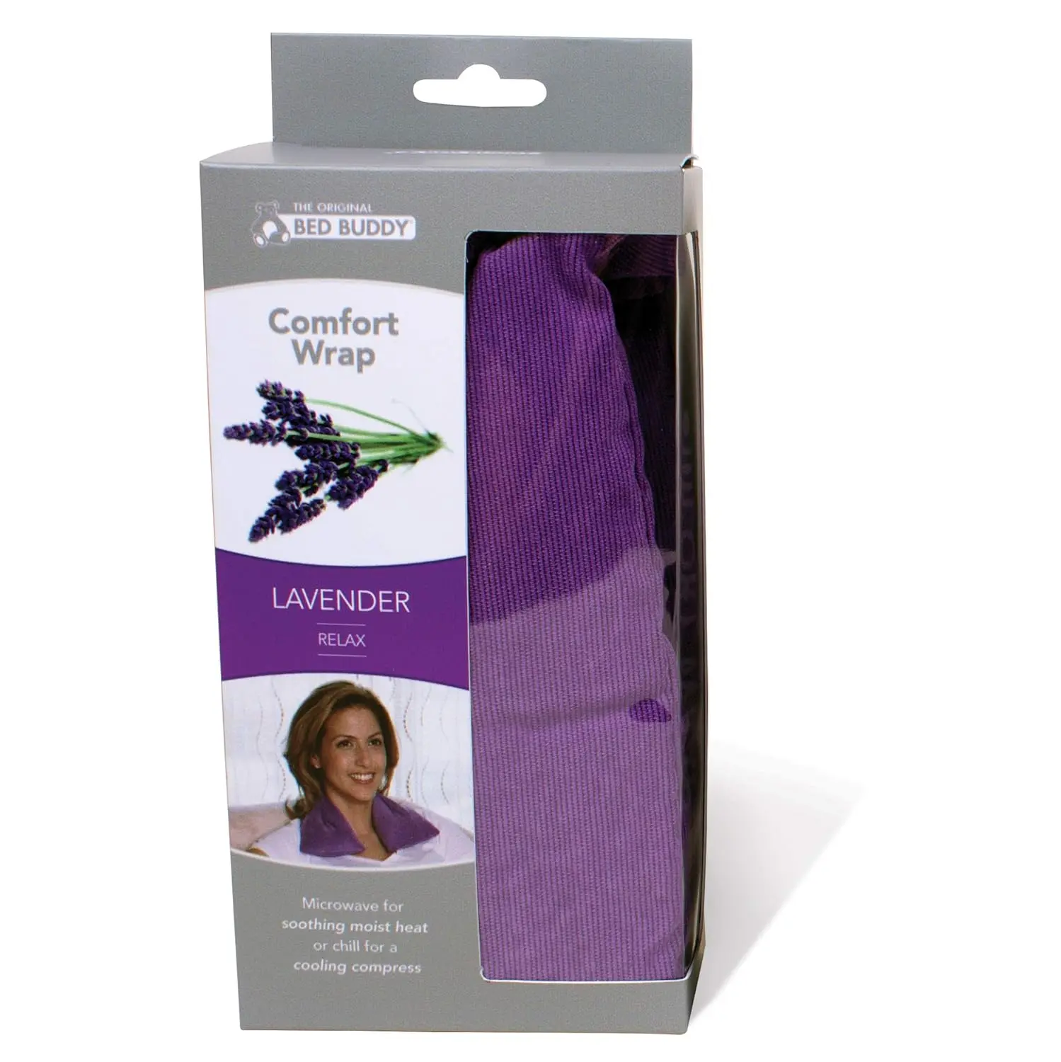 This lavender-scented heated neck wrap provides hot and cold therapy for sore muscles and stress relief, made with soft plush fabric and natural grains.