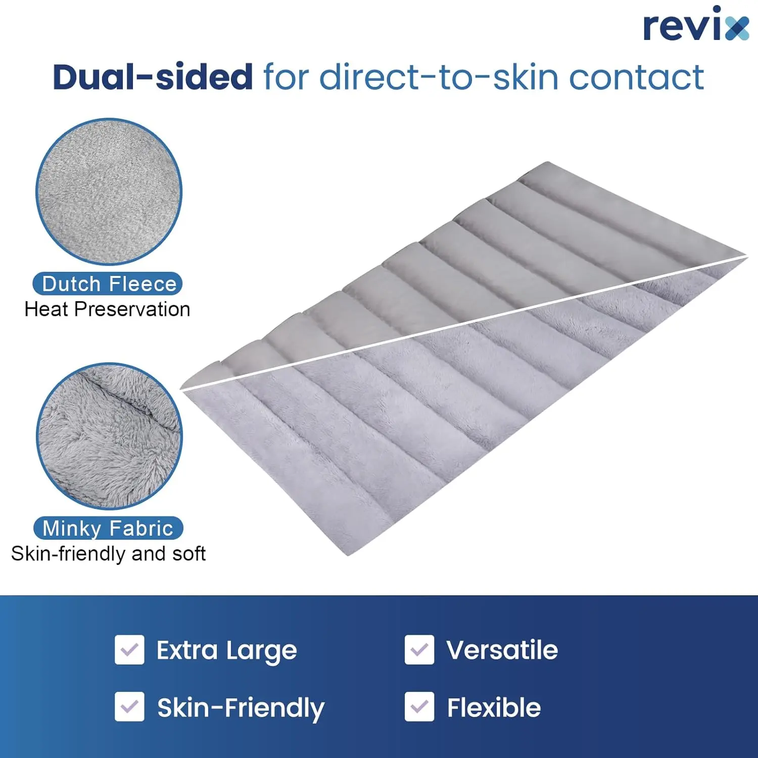 Extra large REVIX microwavable heating pad provides moist heat therapy for back pain relief, suitable for neck, shoulders, stomach cramps, and legs, offering versatile heat and cold therapy.
