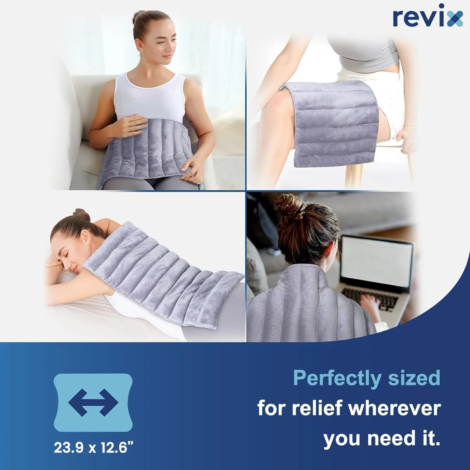 Extra large REVIX microwavable heating pad provides moist heat therapy for back pain relief, suitable for neck, shoulders, stomach cramps, and legs, offering versatile heat and cold therapy.