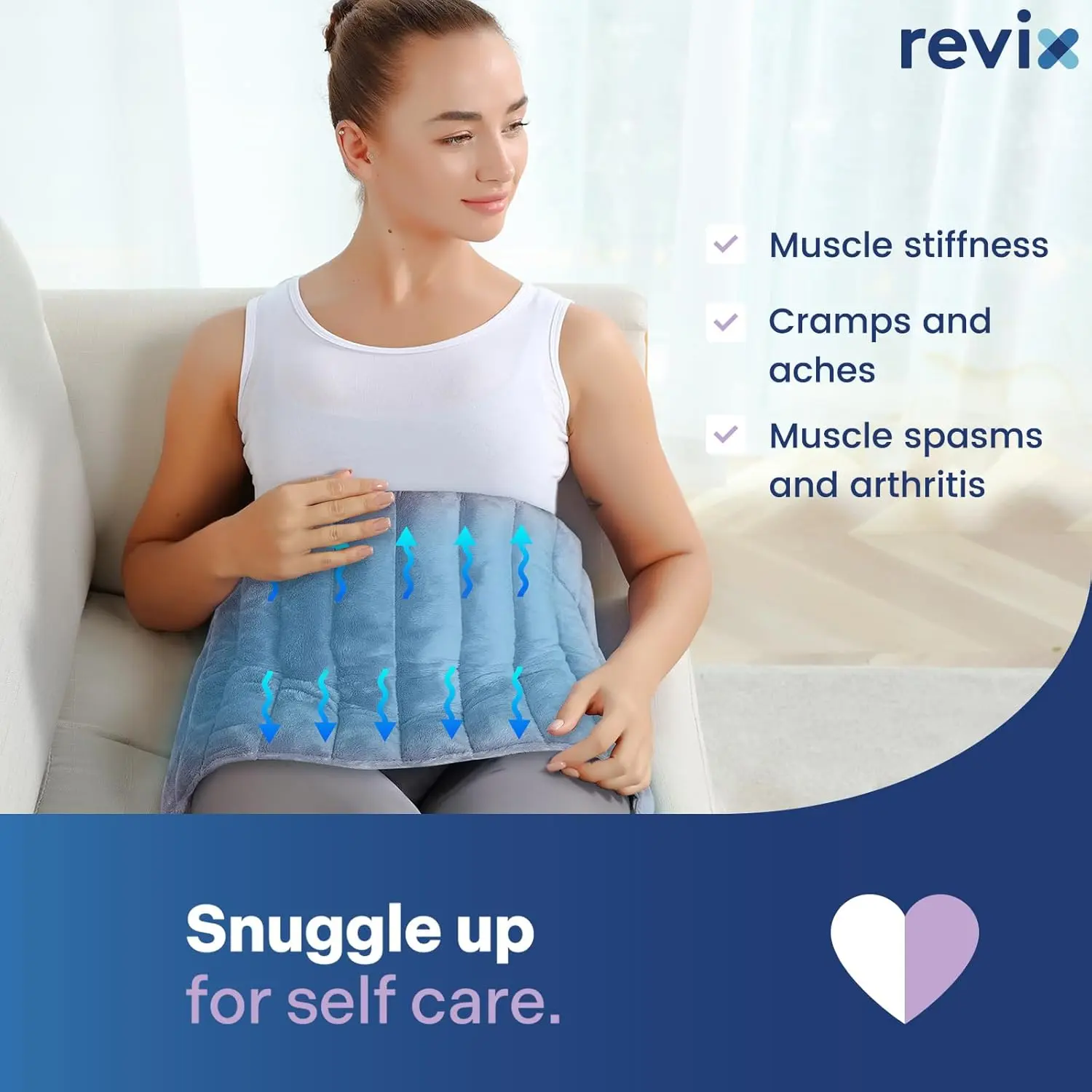 Extra large REVIX microwavable heating pad provides moist heat therapy for back pain relief, suitable for neck, shoulders, stomach cramps, and legs, offering versatile heat and cold therapy.