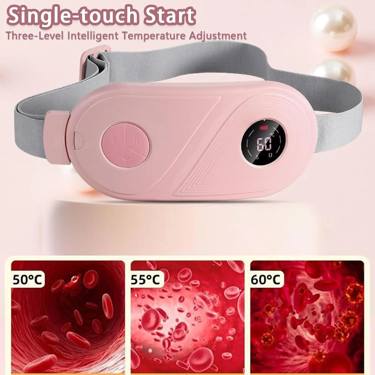 Cordless heating pad for period cramps featuring adjustable heat levels, USB charging, and smart safety features to relieve abdominal pain.