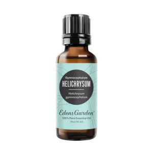 A bottle of Edens Garden Helichrysum Gymnocephalum essential oil offers natural respiratory support and relief from sore muscles with its refreshing eucalyptus-like aroma.