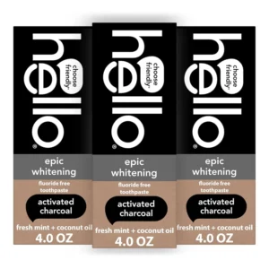 Three tubes of Hello Epic Whitening Activated Charcoal Toothpaste in fresh mint flavor, a fluoride-free and vegan option for naturally whiter teeth and removing plaque.