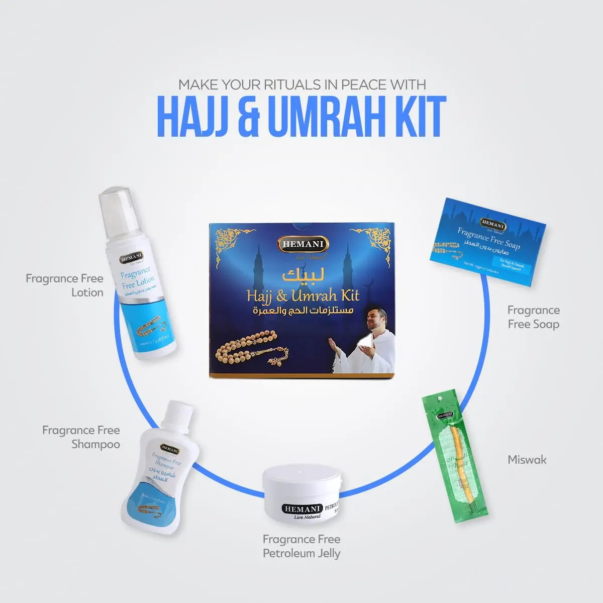 This Hemani Hajj Exclusive Collection Pack contains fragrance-free soap, shampoo, and petroleum jelly for sensitive skin and daily cleansing, perfect for Hajj travel.