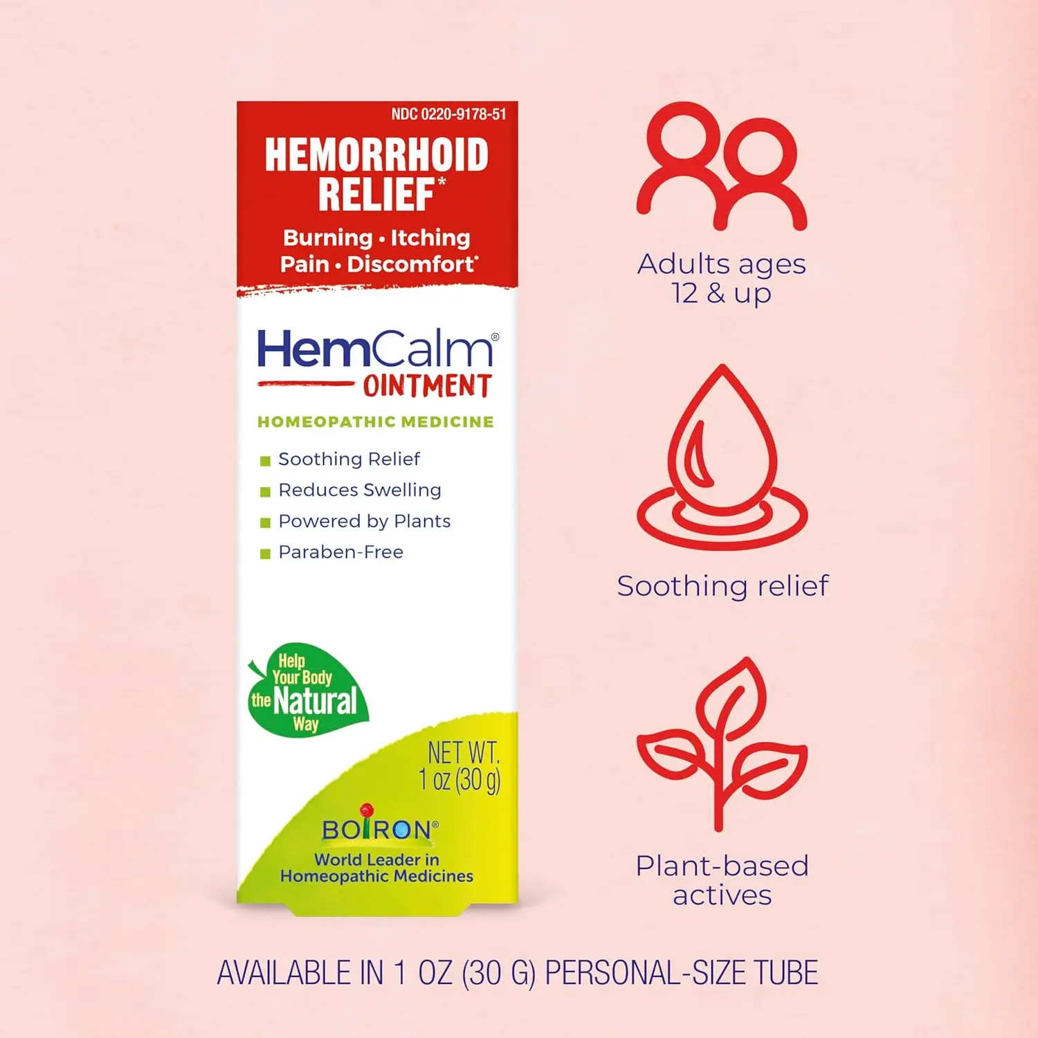 Boiron Hemcalm ointment provides soothing relief from hemorrhoid symptoms such as burning, itching, pain, swelling, and discomfort with plant-based active ingredients.