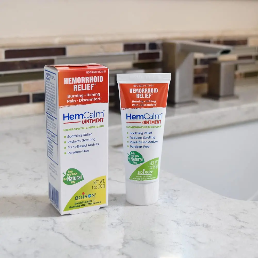 Boiron Hemcalm ointment provides soothing relief from hemorrhoid symptoms such as burning, itching, pain, swelling, and discomfort with plant-based active ingredients.