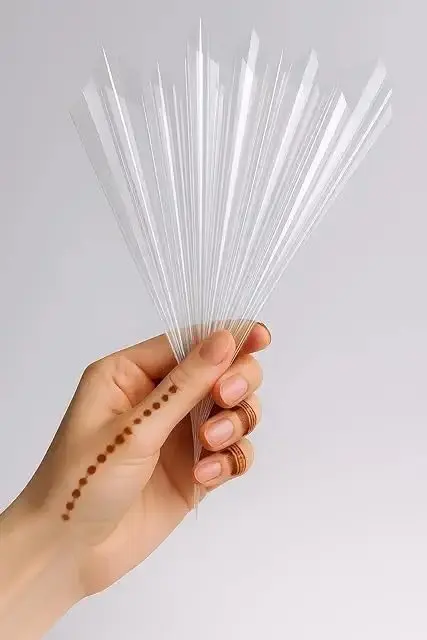 Clear cellophane henna cones, ready to fill with henna paste, icing, or other DIY crafting materials, are shown in a product display.