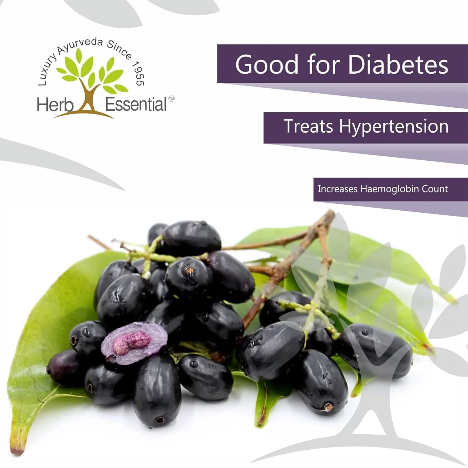 This is a 1kg package of Herb Essential pure Jamun powder made from Syzygium Cumini, following ayurvedic principles, and free from sugar, salt, preservatives, and gluten.