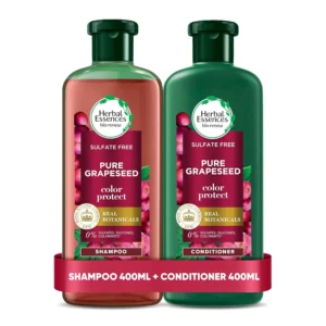Herbal Essences color protect shampoo and conditioner set, infused with antioxidant-rich grapeseed, helps maintain vibrant dyed hair for up to 12 weeks while nourishing and softening hair without sulfates, parabens, or colorants.