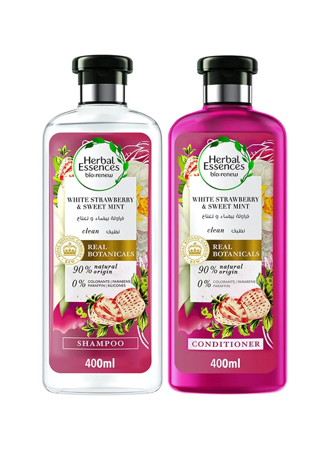 Herbal Essences Bio:Renew shampoo and conditioner set with white strawberry and mint scent for voluminous, color-safe hair that is free of parabens and colorants.