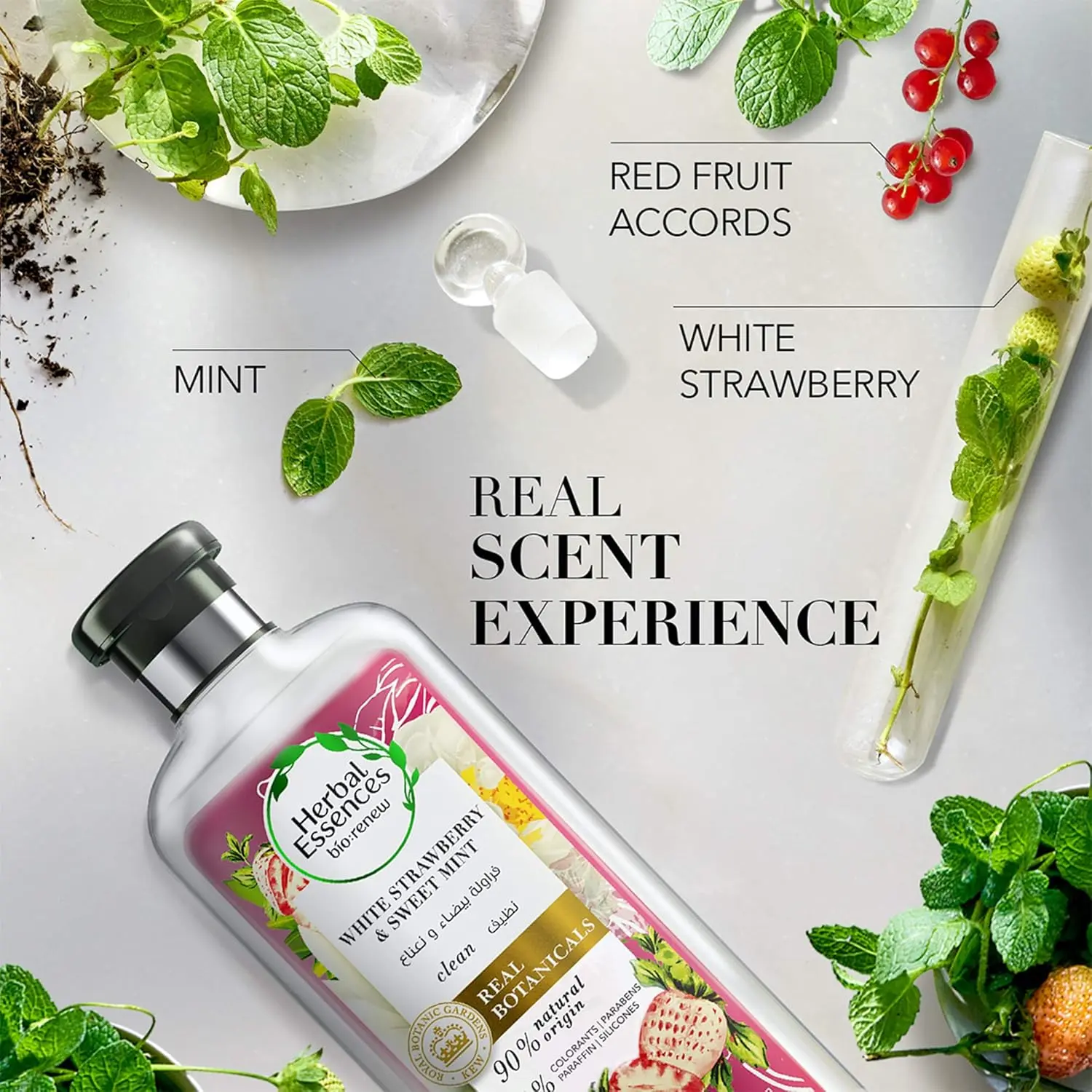 Herbal Essences Bio:Renew shampoo and conditioner set with white strawberry and mint scent for voluminous, color-safe hair that is free of parabens and colorants.