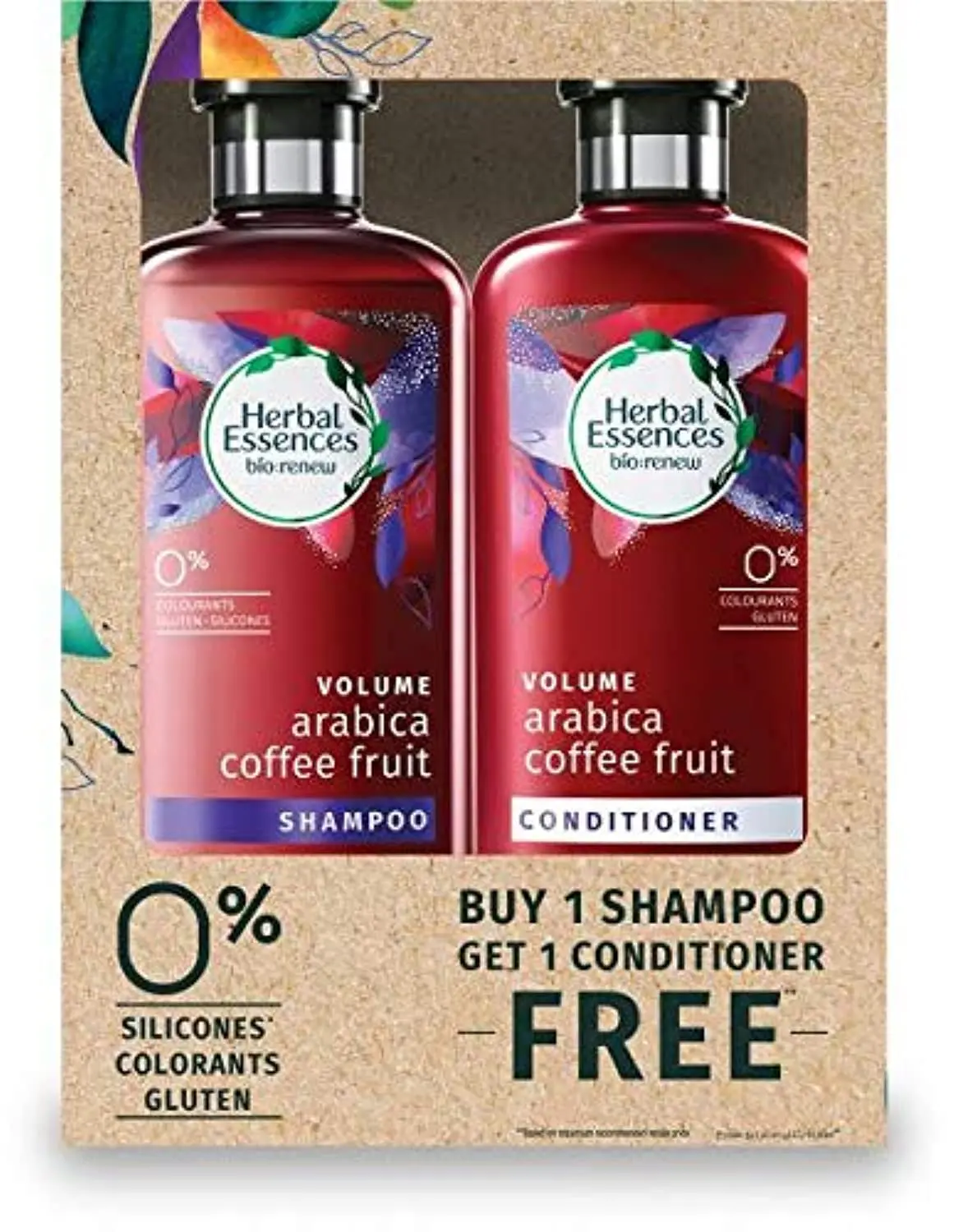 Herbal Essences Bio:Renew Arabica Coffee Fruit shampoo and conditioner set crafted with natural ingredients for boosting volume and renewing hair.
