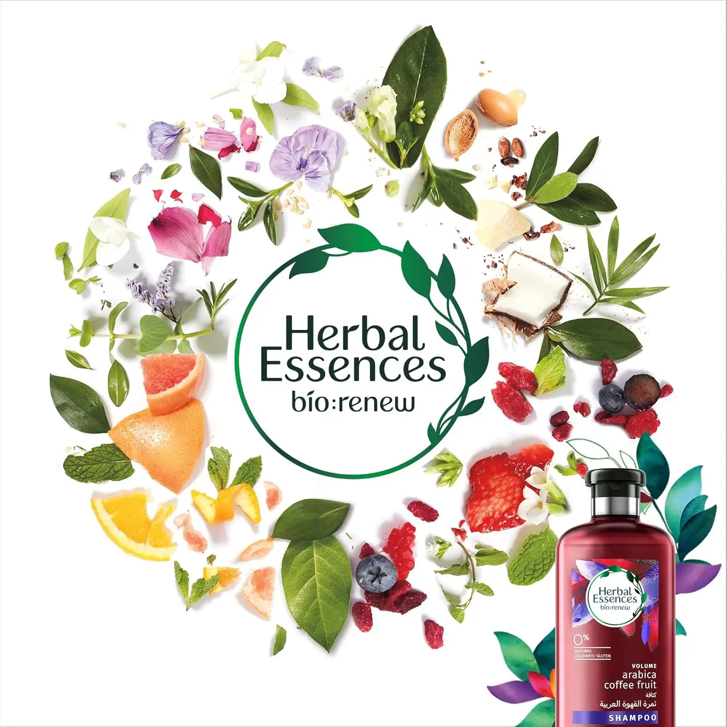 Herbal Essences Bio:Renew Arabica Coffee Fruit shampoo and conditioner set crafted with natural ingredients for boosting volume and renewing hair.