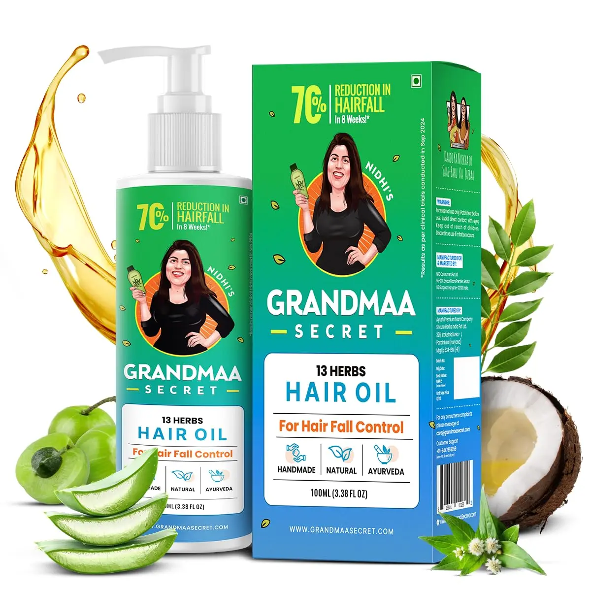 NIDHI'S GRANDMAA SECRET 13 Herbs Hair Oil is a handmade blend of coconut oil and curry leaves to control hair fall and promote healthy hair growth.