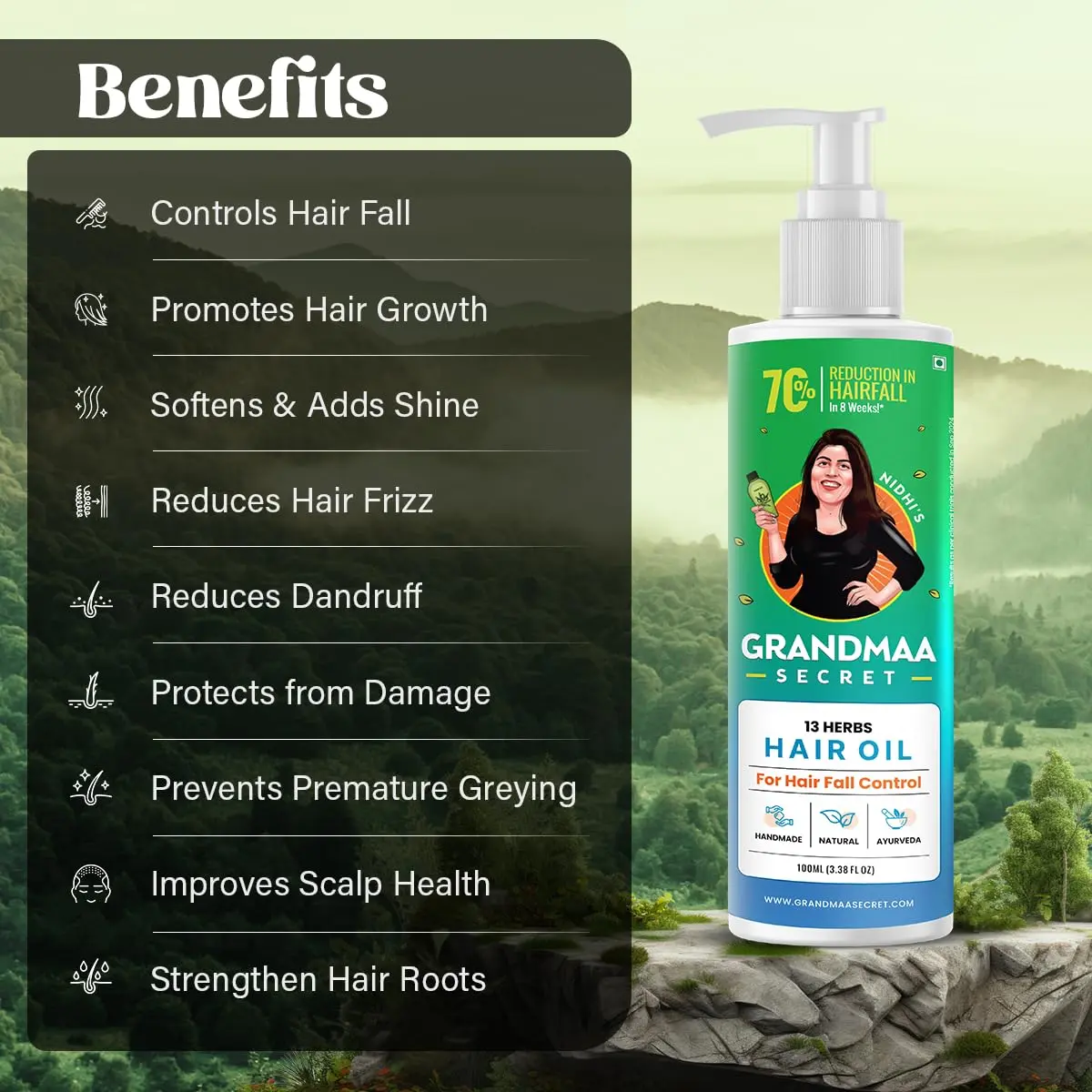 NIDHI'S GRANDMAA SECRET 13 Herbs Hair Oil is a handmade blend of coconut oil and curry leaves to control hair fall and promote healthy hair growth.