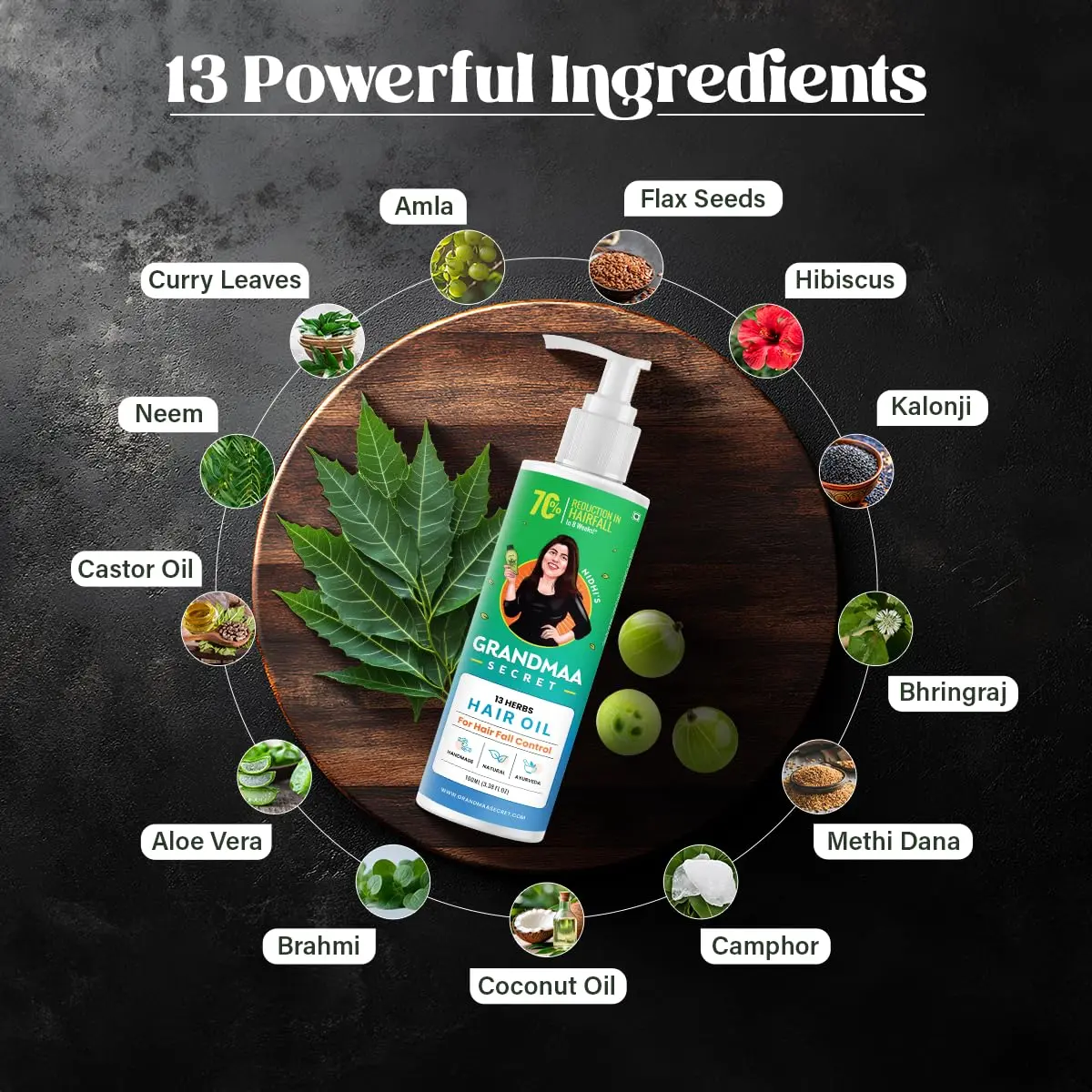 NIDHI'S GRANDMAA SECRET 13 Herbs Hair Oil is a handmade blend of coconut oil and curry leaves to control hair fall and promote healthy hair growth.