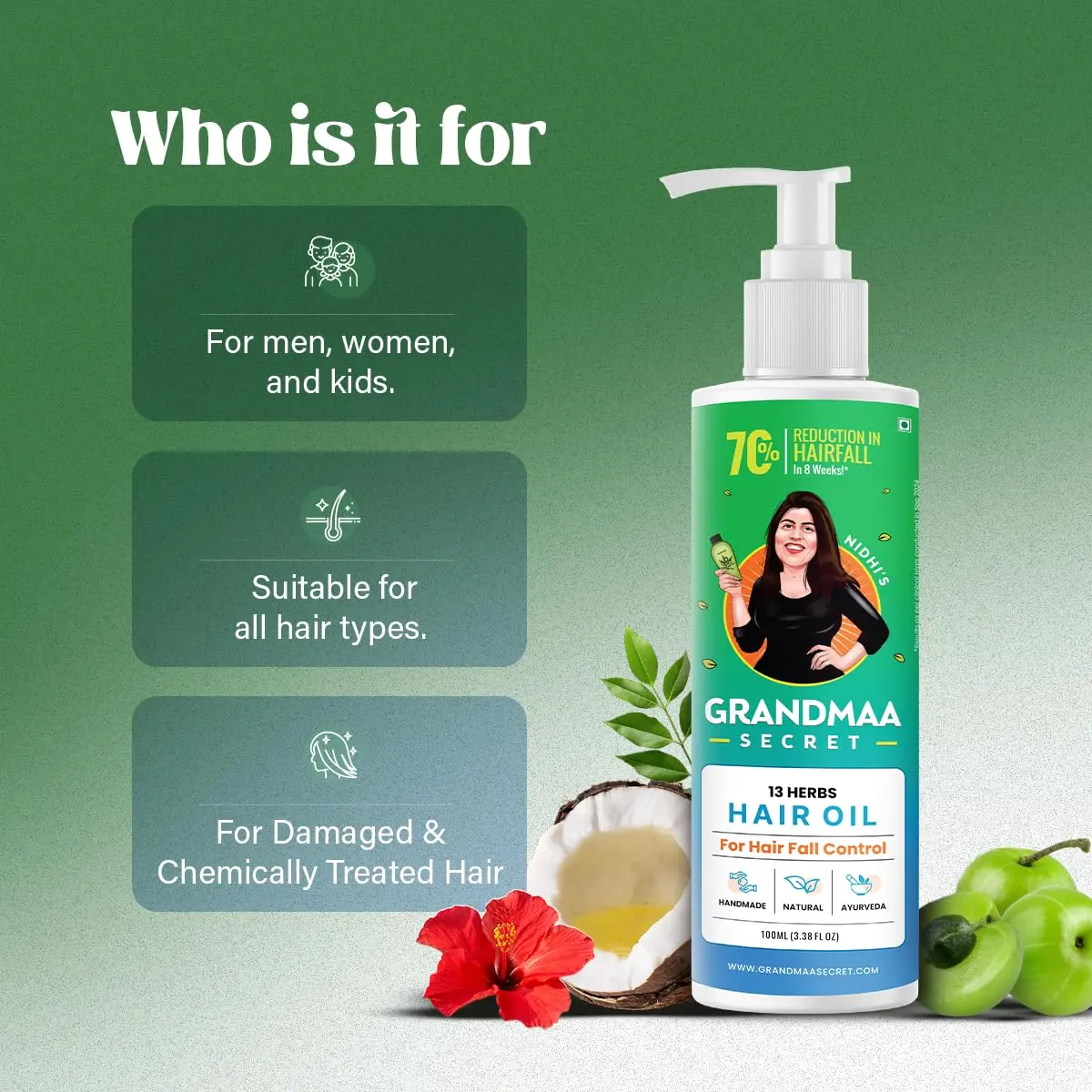 NIDHI'S GRANDMAA SECRET 13 Herbs Hair Oil is a handmade blend of coconut oil and curry leaves to control hair fall and promote healthy hair growth.