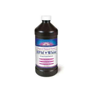 This is a bottle of Heritage Store HPM+ White hydrogen peroxide mouthwash, manufactured in the United States, used for oral pain and antiseptic oral rinse, with super whitening power.