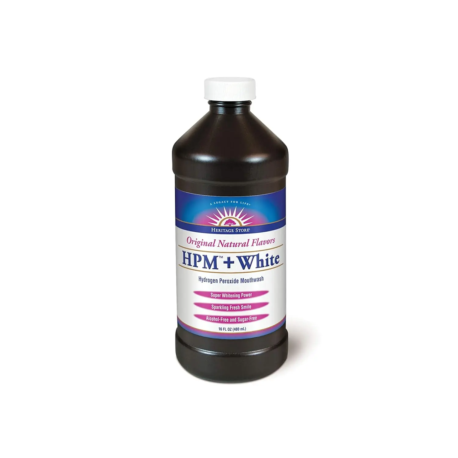 This is a bottle of Heritage Store HPM+ White hydrogen peroxide mouthwash, manufactured in the United States, used for oral pain and antiseptic oral rinse, with super whitening power.