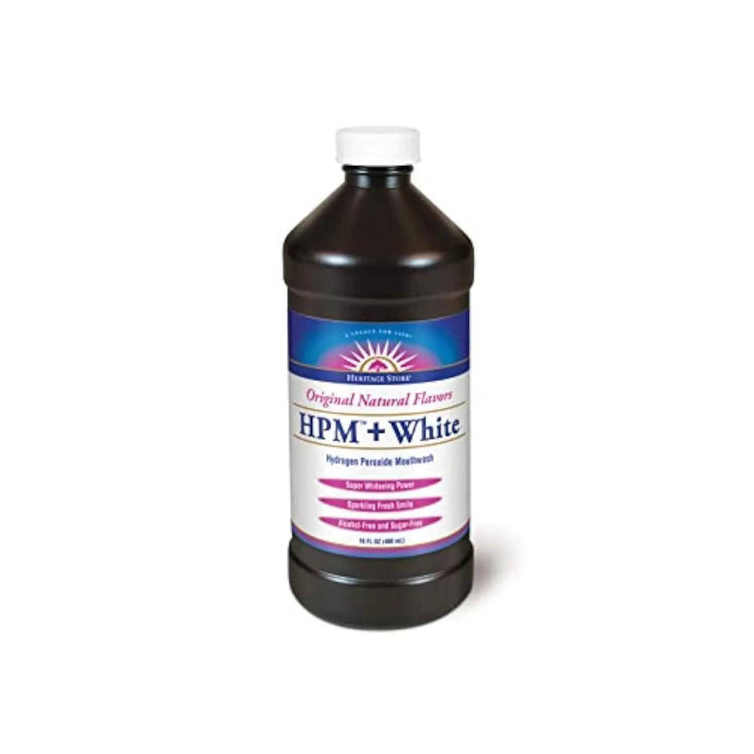 This is a bottle of Heritage Store HPM+ White hydrogen peroxide mouthwash, manufactured in the United States, used for oral pain and antiseptic oral rinse, with super whitening power.