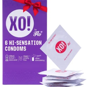 Six-pack of XO! Hi-Sensation ribbed and dotted condoms made from sustainable, natural rubber latex for extra stimulation and a natural feel.