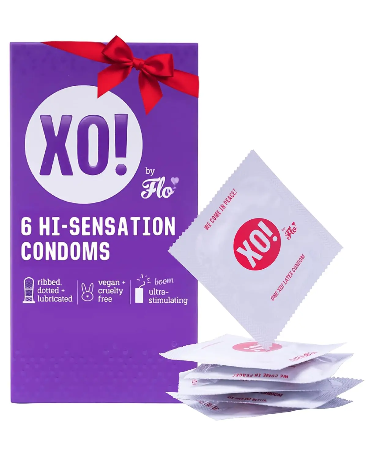 Six-pack of XO! Hi-Sensation ribbed and dotted condoms made from sustainable, natural rubber latex for extra stimulation and a natural feel.