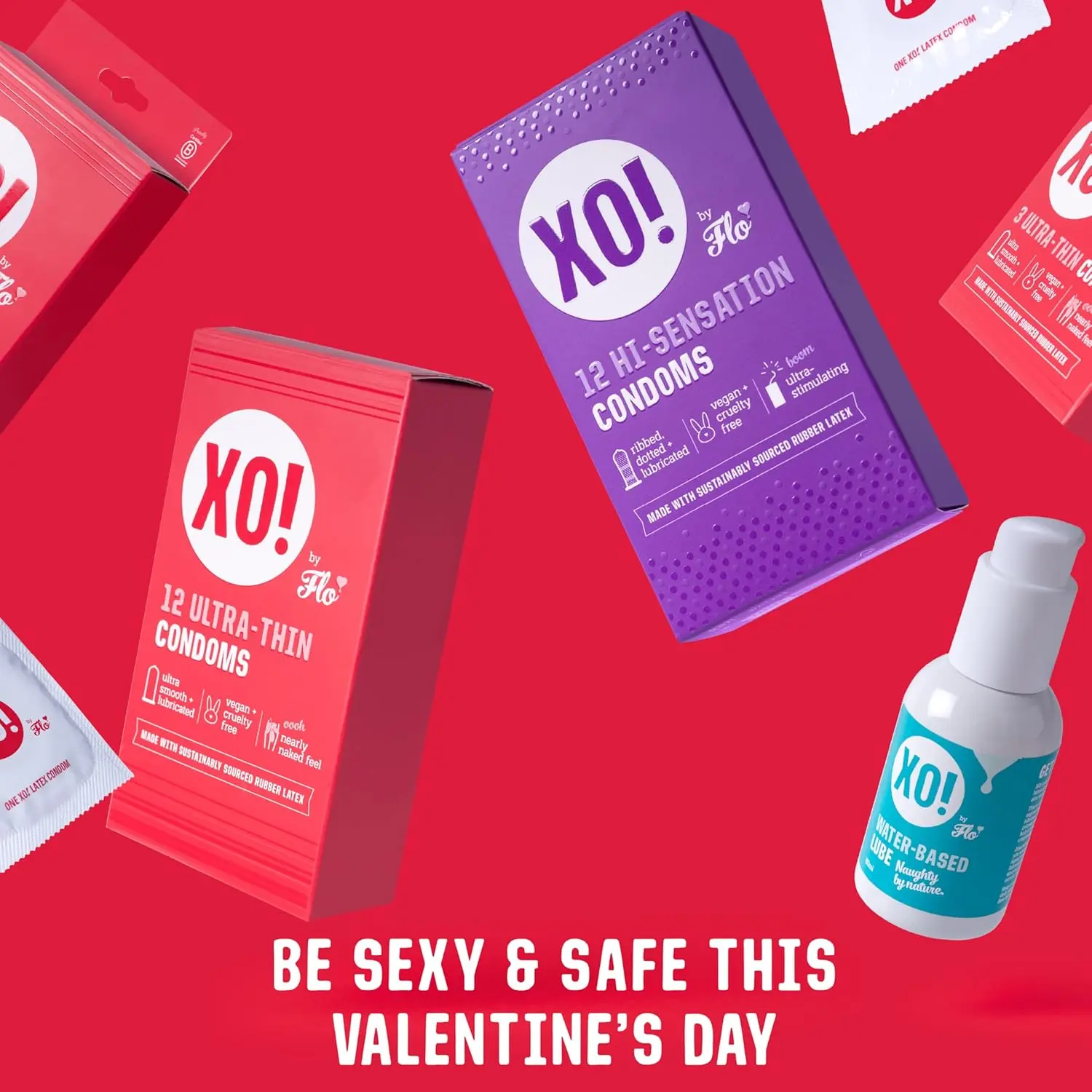 Six-pack of XO! Hi-Sensation ribbed and dotted condoms made from sustainable, natural rubber latex for extra stimulation and a natural feel.