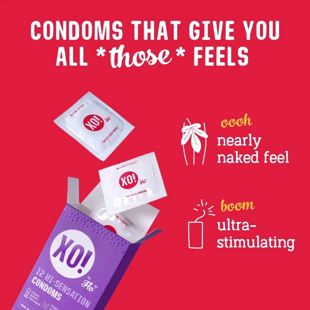 Six-pack of XO! Hi-Sensation ribbed and dotted condoms made from sustainable, natural rubber latex for extra stimulation and a natural feel.